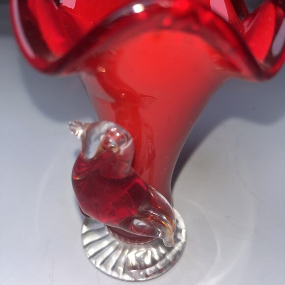 Vintage Blown Art Glass Vase Ruffled Edge w/ Applied Glass Bird 4.5" Murano - Picture 7 of 7